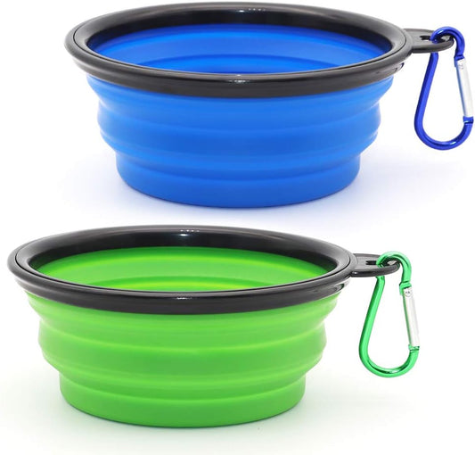 Portable Collapsible Dog Bowls - 2 Pack Travel Feeding & Watering Dishes for Pets - Perfect for Hiking, Camping, and Outdoor Adventures - Blue & Green