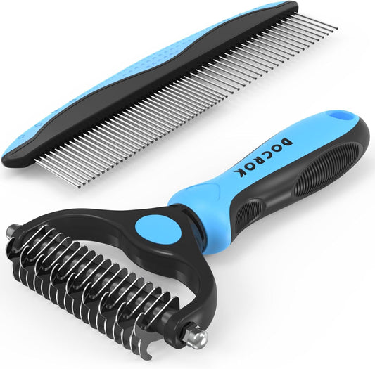 Transform Your Pet's Grooming Routine with Our Blue Deshedding Brush and Metal Comb Combo for Effortless Dematting and Shedding Control