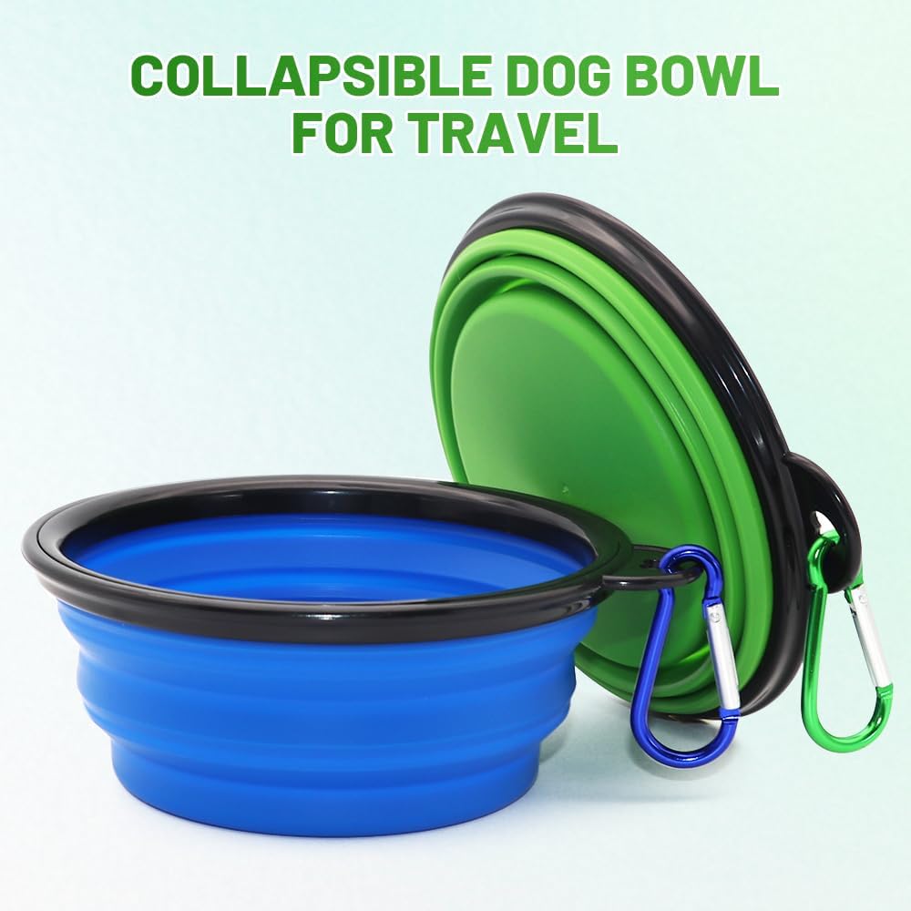 Portable Collapsible Dog Bowls - 2 Pack Travel Feeding & Watering Dishes for Pets - Perfect for Hiking, Camping, and Outdoor Adventures - Blue & Green
