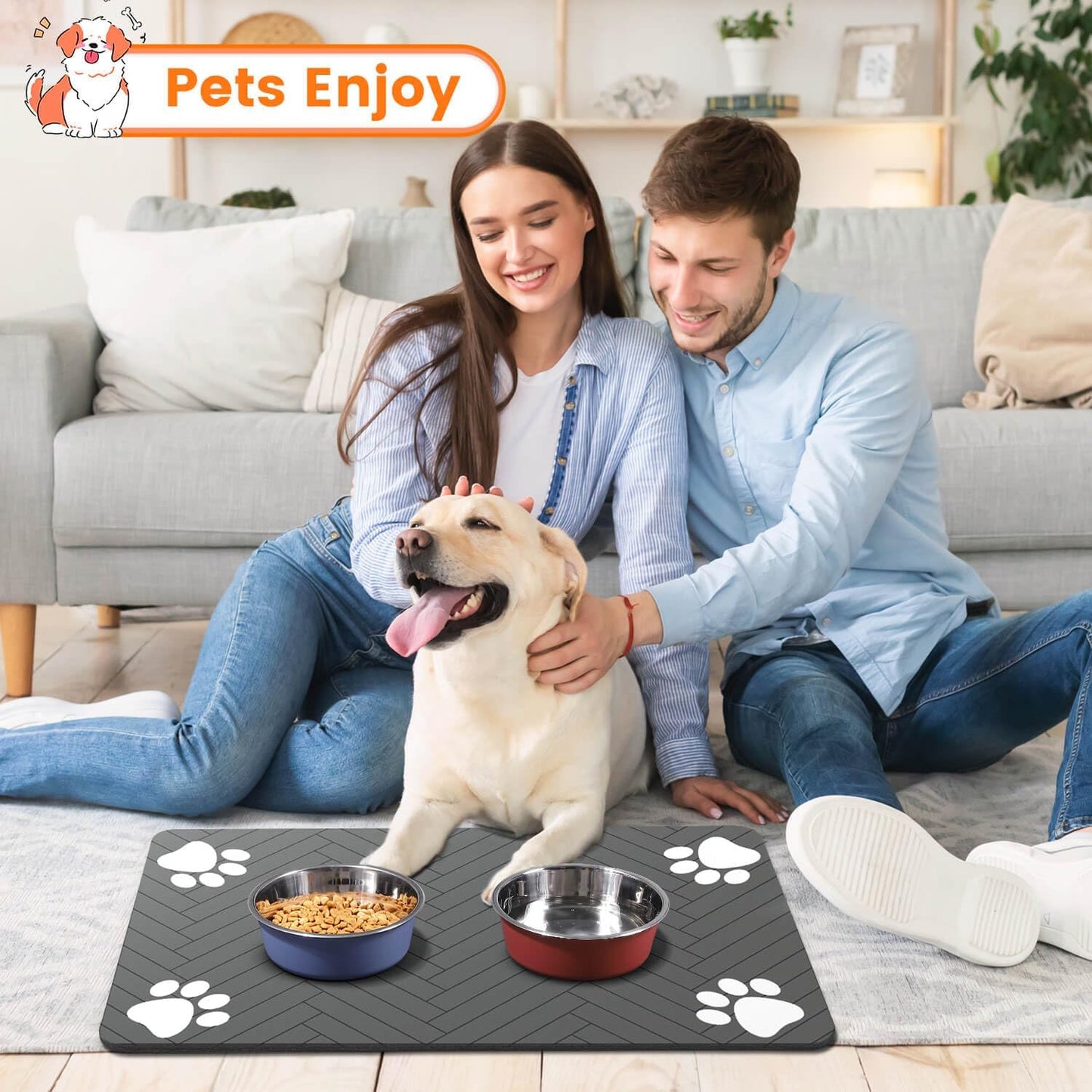 Stylish and Functional Pet Feeding Mat - Absorbent, Waterproof, and Non-Slip for Dogs and Cats (12"x20", Striped Dark Gray)